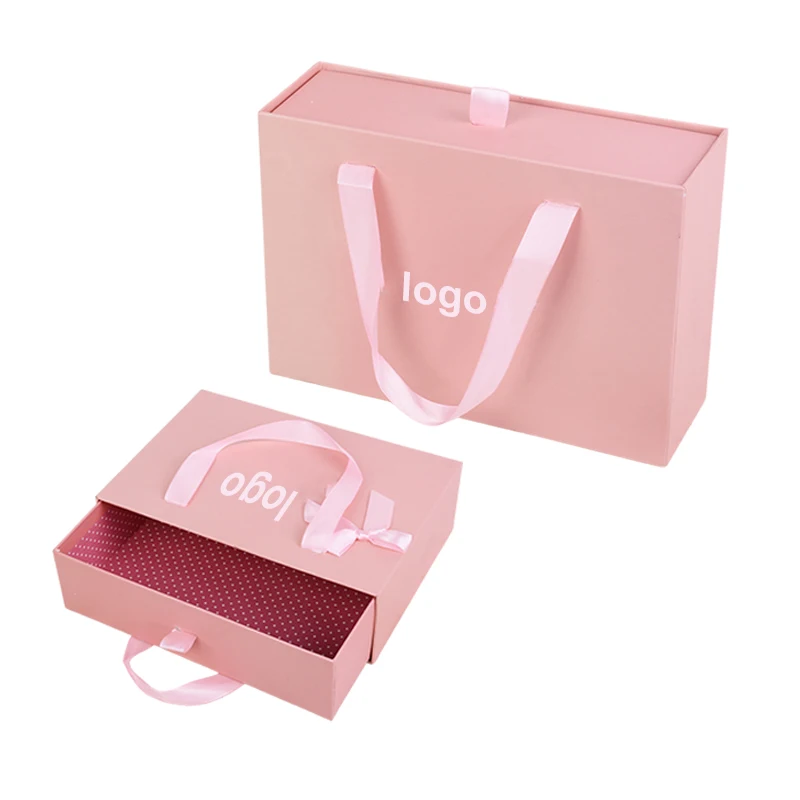 Luxury Custom Logo Pink Handbag Paper Gift Drawer Boxes For Packaging Clothes With Ribbon