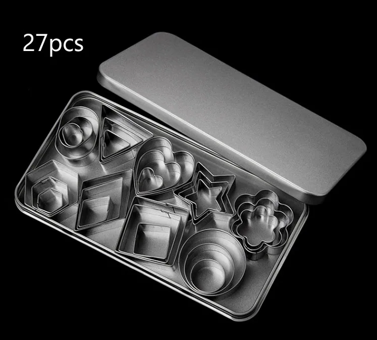 
27 pcs stainless steel round oval heart star diamond square flower triangle hexagon shape cookie cutter set with tin box packing 