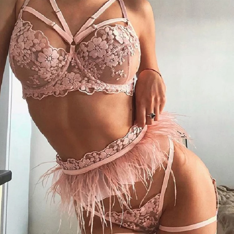 Joyhub high quality feather sexy lingeries embroidery underwear 3 piece set sexy lingerie sets for women with garter belt snaps