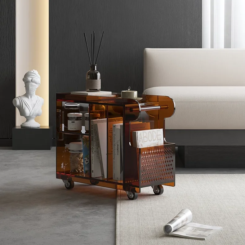 Light Luxury Bus Trolley Movable Living Room Sofa Side Table Bedroom Narrow Acrylic Nightstand
