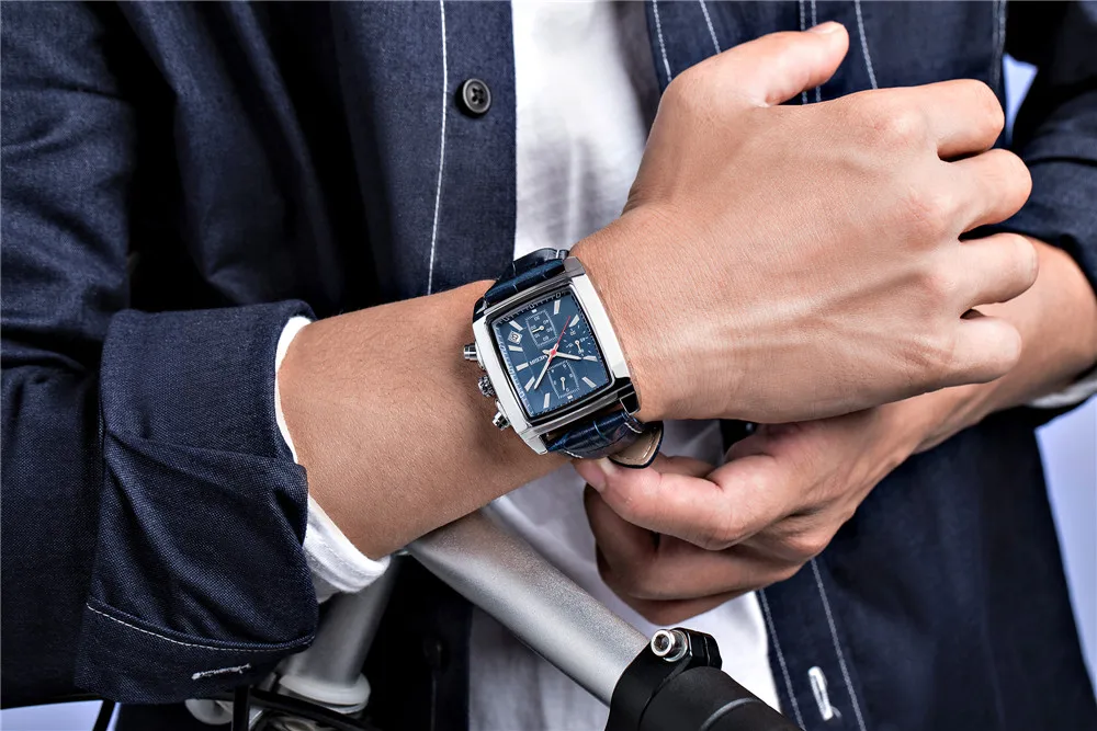 MEGIR 2028 Fashion Rectangle Luxury  Chronograph Rose gold Square Quartz Watches for Men