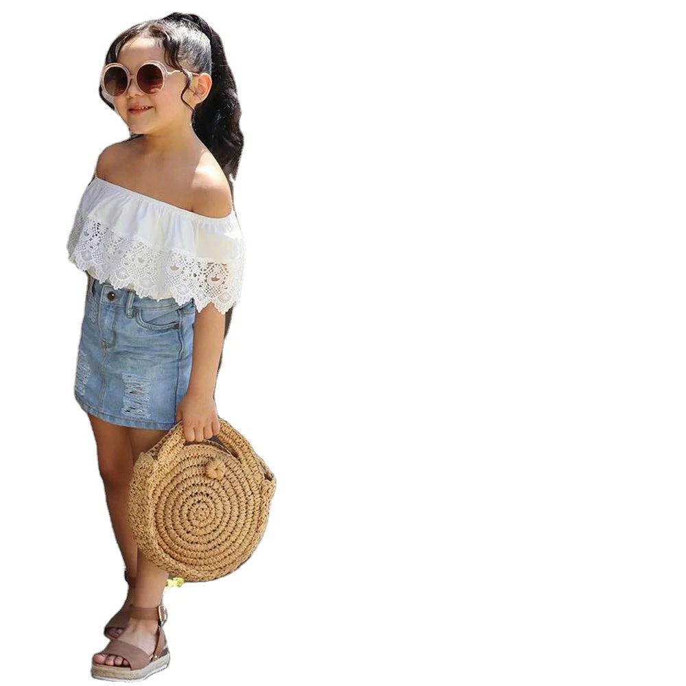 Summer Girls And One Word Shoulder Lace Jumper Ripped Jeans Fashion Skirts Two-piece Outfit