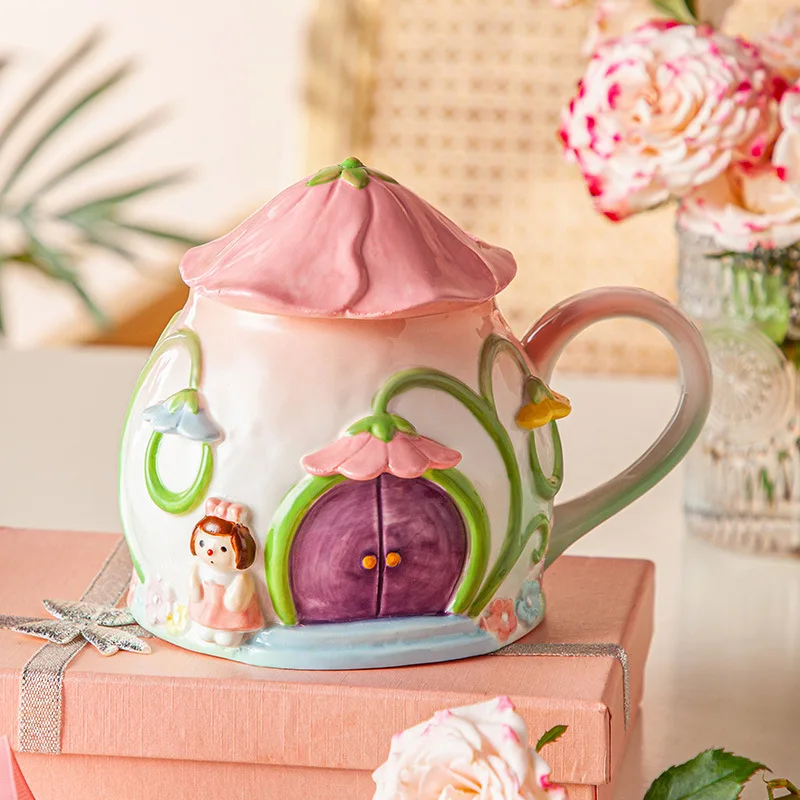 Pink Little Girl Heart Flower House Ceramic Water Cup High Beauty Birthday Gift