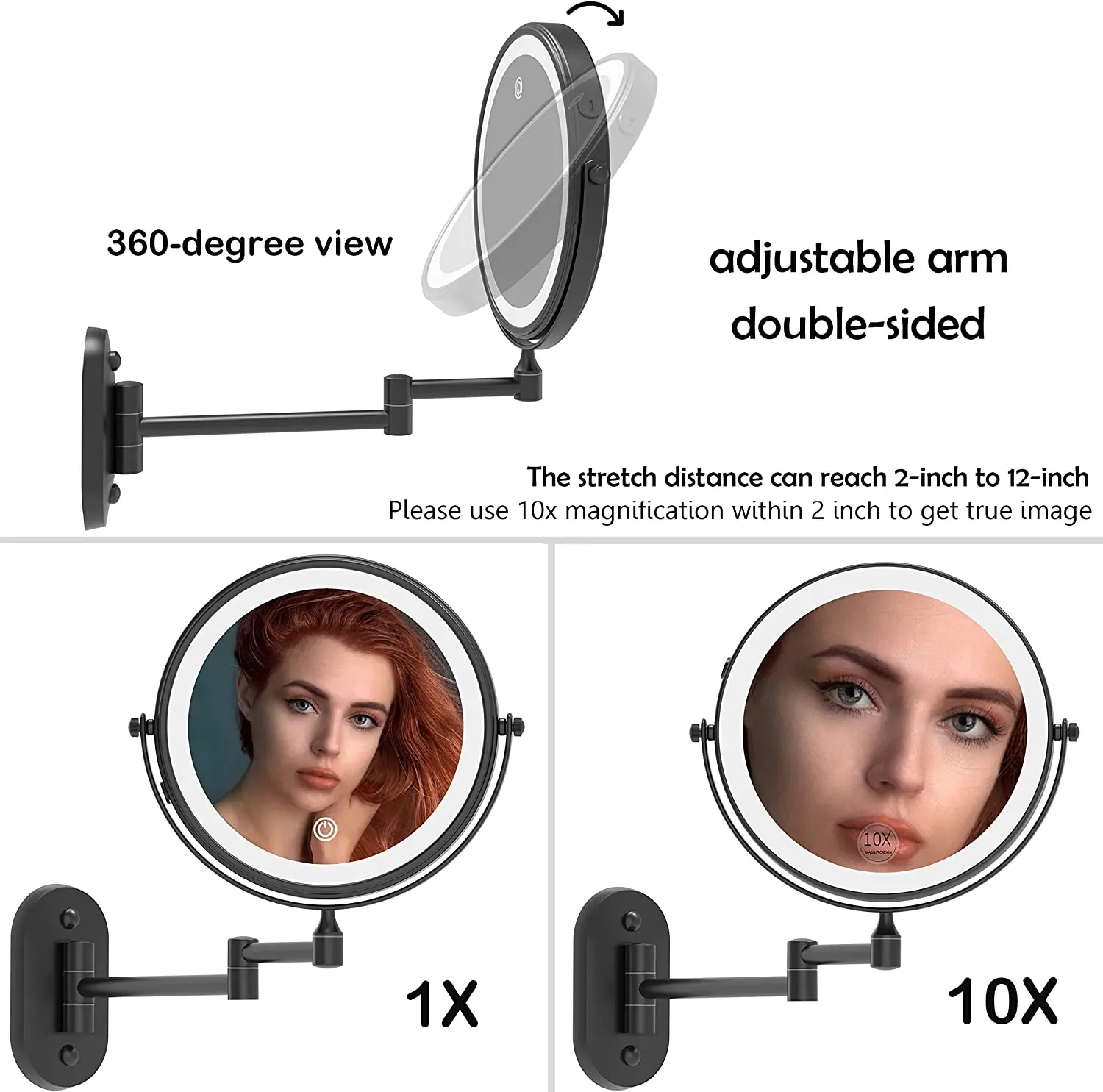 8 Inch Black Color Round Shape Wall Mounted Two Way Extendable LED USB Wall Mount Make Up X10 Magnifying Mirror