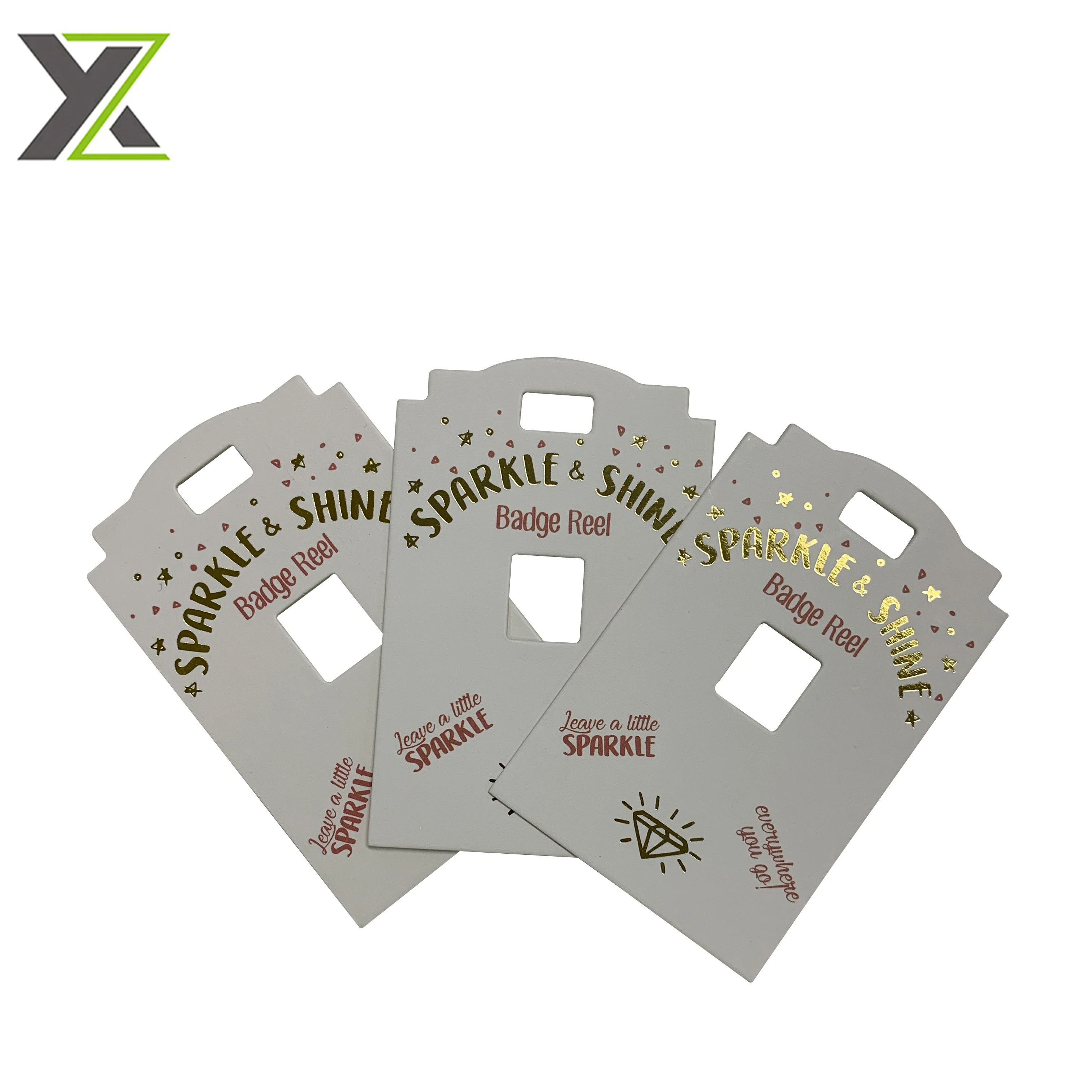 Custom design printing gold and silver foil Badge Reels hang tag