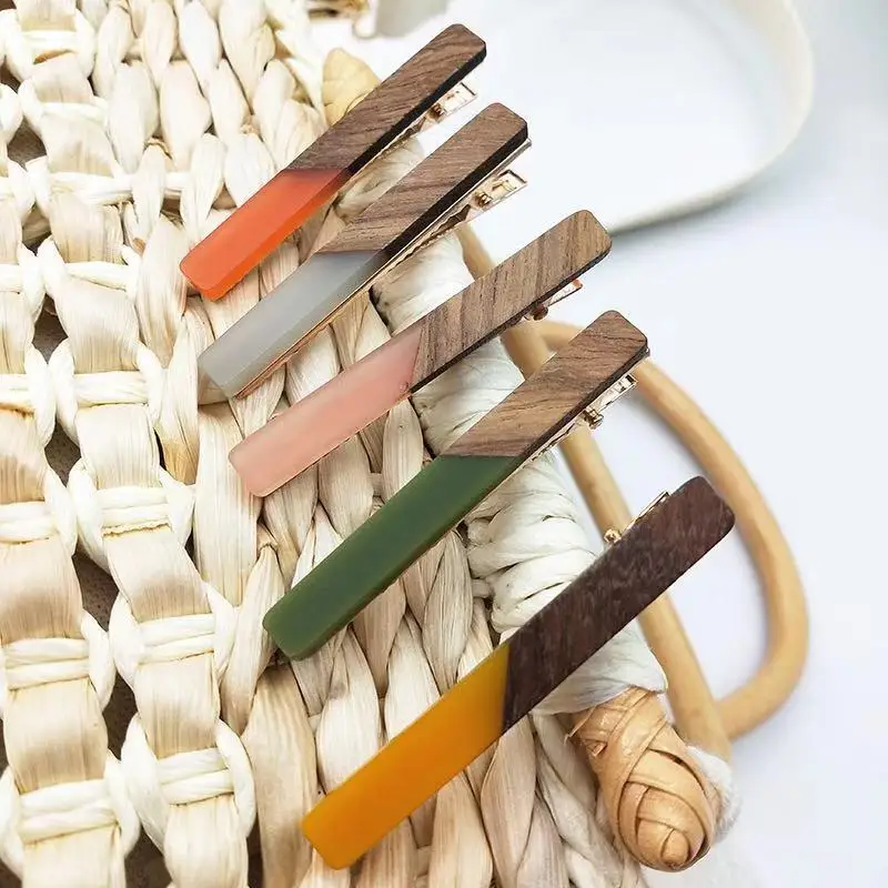Korean Fashion Retro Real Wood Jelly Color Water Drop Barrette Resin Hair Clips For Women