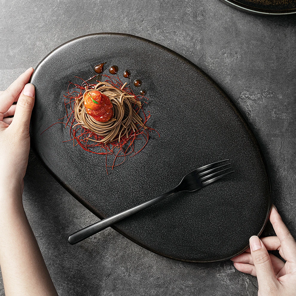 Crokery Restaurant Assiette Dinnerware Porcelain Cobblestone Shape Plates 12Inch Black Japanese Dish Plate Unique For Dinner