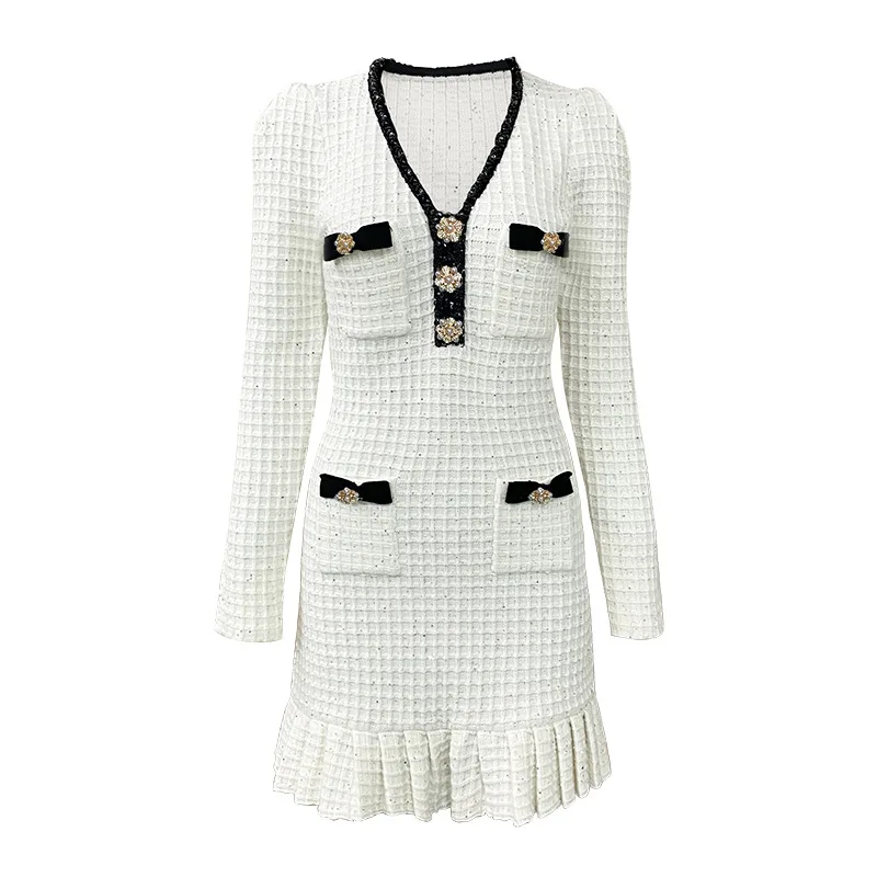 Vintage Elegant Style Spring Lady V-neckline Long Sleeve Women Bow Knit Sequin Slim Fitted Flounced Short Dress