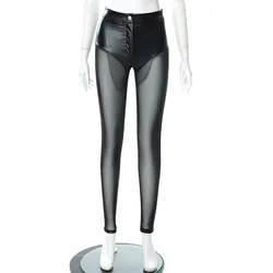 High Quality Summer Sexy Club Wear Mesh Short Sleeve Black Tank Tops PU Trousers Leather Pants Women Two Piece Set