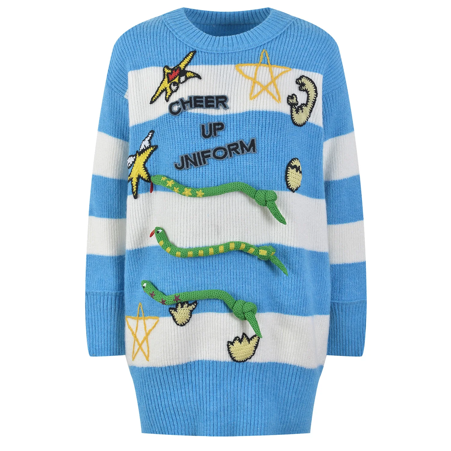 Korean Style Lazy Loose Women Fall Sweater Autumn Womens Striped Sweaters Contrast Cartoon Pattern Letter Embroidery Mid-length