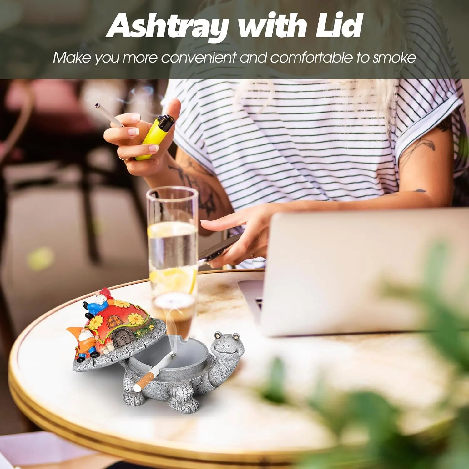 Home Office Porch Patio Decorations Waterproof Ash Tray Personal Funny Resin Turtle Ashtray with Lid