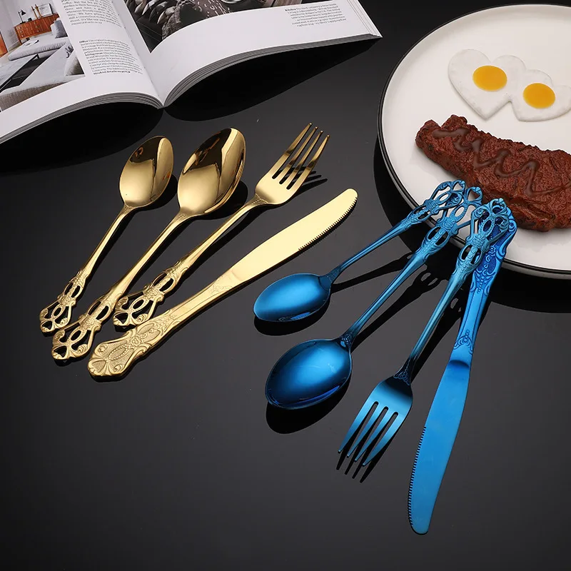 New Embossed Gold Cutlery Stainless Steel Knife Fork Dessert Spoon Wedding Silverware Flatware Set