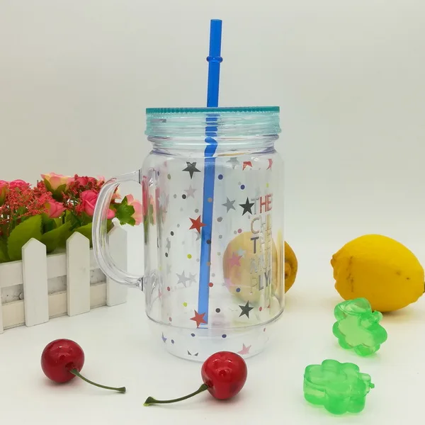 Factory sale mason jar with handle and straw double wall mason jar