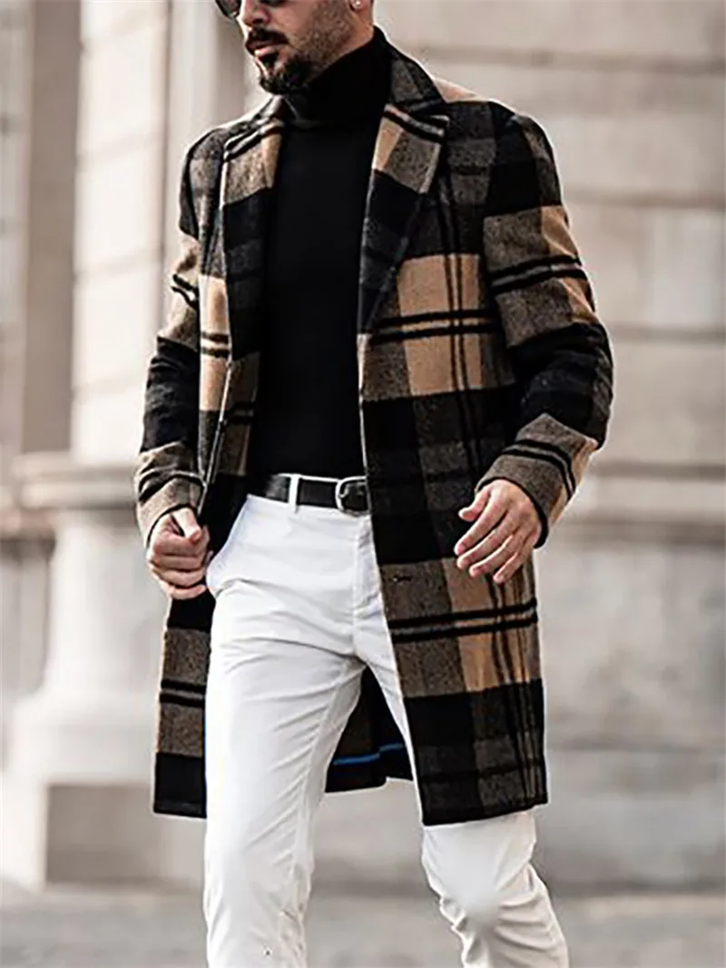 man parkas overcoat fall 2024 new style 80% polyester leisure plaid wool long mens coat