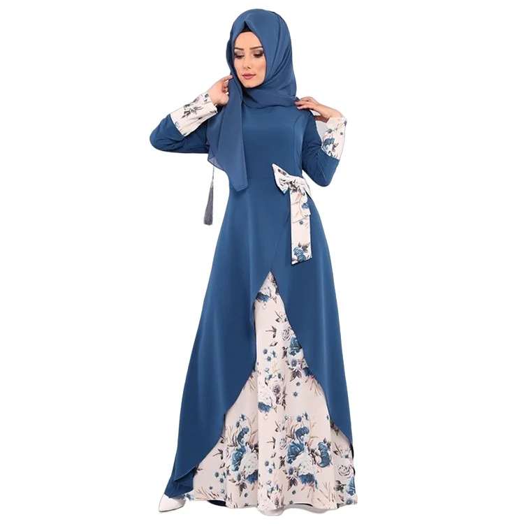 Floral print patchwork four seasons long skirt Middle Eastern dress robe for women Muslim Islamic India Indonesia robe