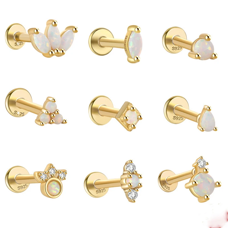 Crown Cubic Zircon Stud Earrings Bezel Setting Flat Back Screw Studs Earrings Plated Earrings Gold 925 Sterling Silver 18K Opal