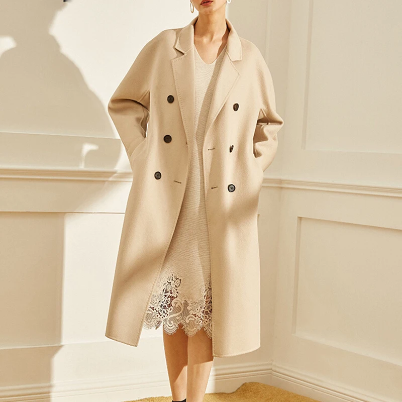 Китайская Фабрика Haute couture оптовая продажа двухсторонние шерстяные товары зимнее двубортное пальто из 100% шерсти ручной работы однотонное