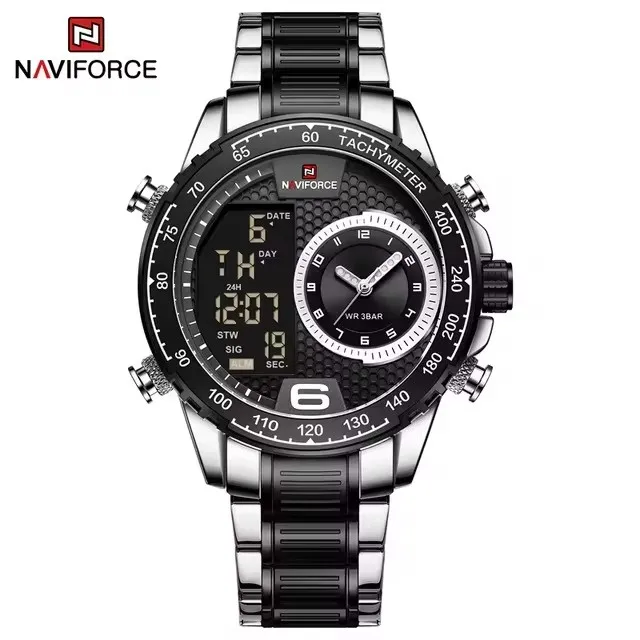 Naviforce 9199 Luxury Classic Men LED Display Watch Classic Sport Gold Stainless Steel Man Wristwatch Quartz Digital Male Clock