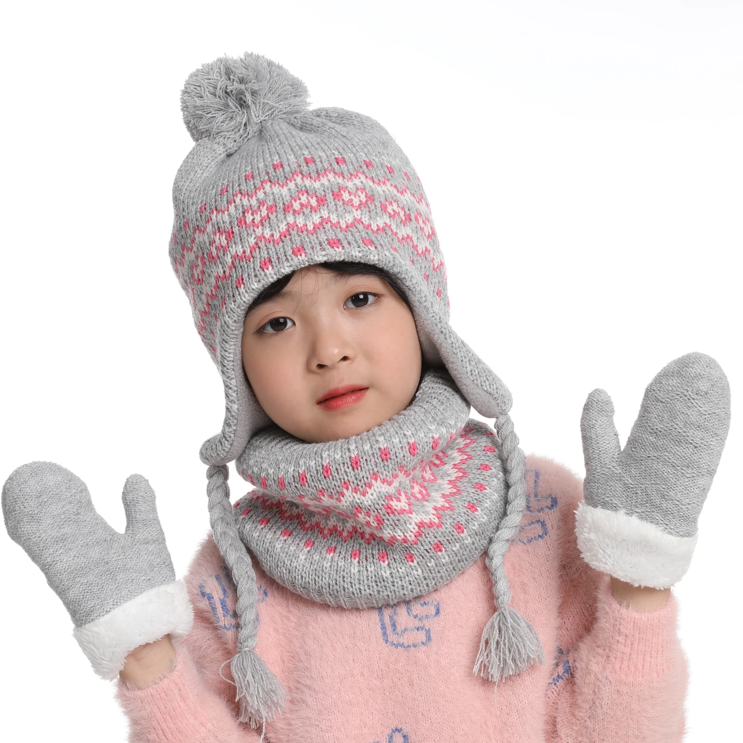 New Arrival  Kids Cute Warm Knitted Hat With Earflap Mittens and Scarf  Sets for Boys Girls