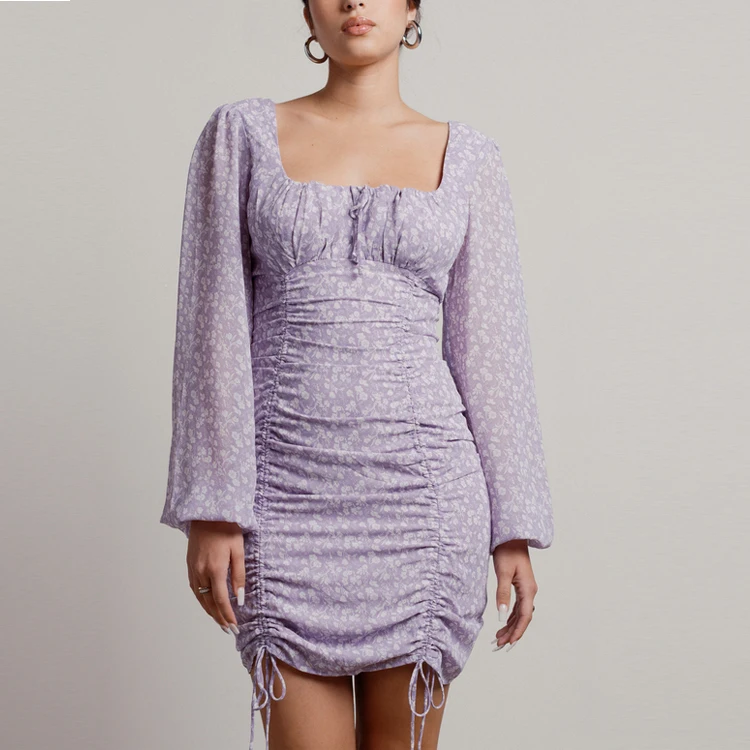 
Wholesale Fashion Dresses Women Square Neck Long Sleeves Lilac Disty Floral Ruched Bodycon Mini Dress 