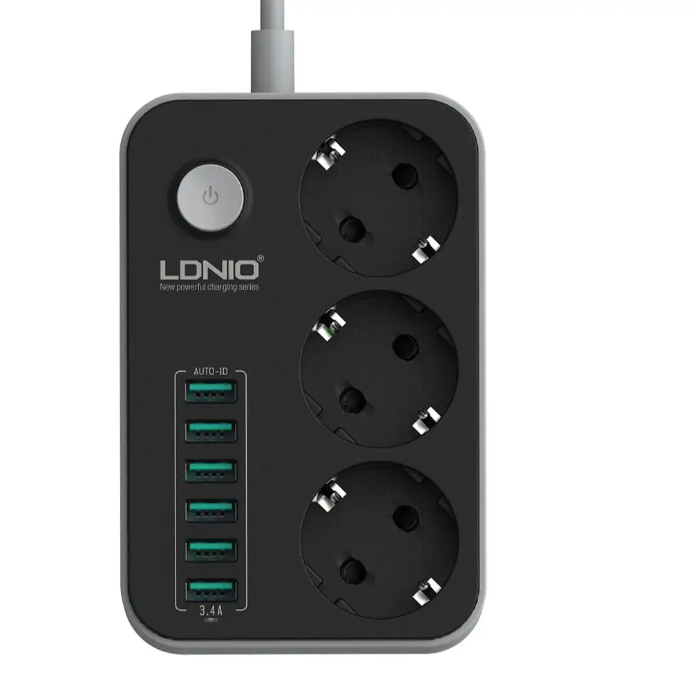 LDNIO Лидер продаж EU мощность полосы 3 WAY POWR пропилен-каучука прокладки с 6 портами USB устройство защиты от перенапряжения питания