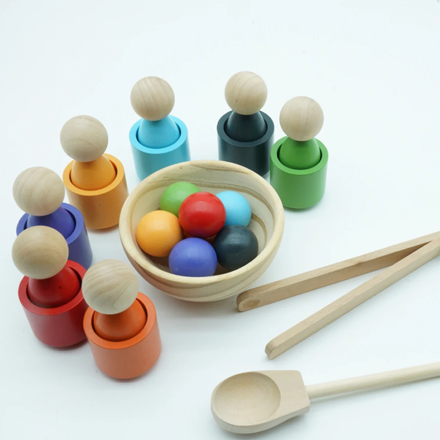 Dropship Montessori Counting Sorting Waldorf Toys Rainbow Stacker Peg Dolls And Balls In Cups Montessori Materials For Kids