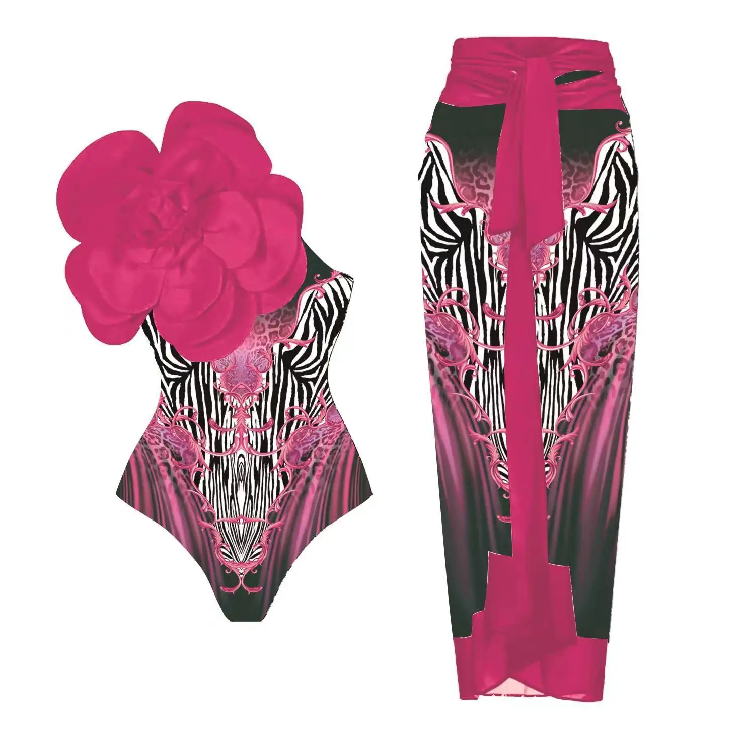 Sexy Swimwear Blue One-Shoulder Ruffled Print Floral Swimsuit Set Girls Summer Beach Cover Up Single Piece Micro Monokini