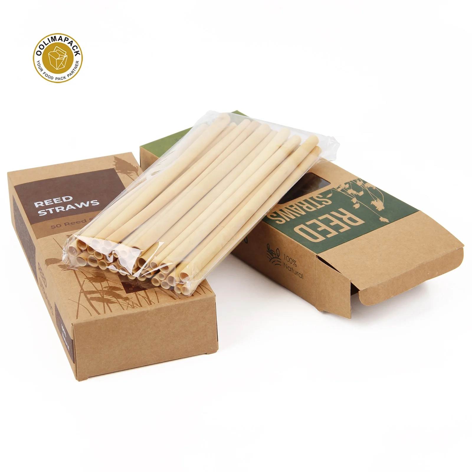 Custom printed Logo 100pcs Biodegradable Compostable Natural Eco Friendly Pack drinking reed straw in whole box