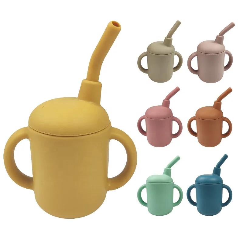 BPA Free Eco Friendly Custom Safe No-Spill Silicone Sippy Learning Water Cups With Lid Straw Baby Infant Toddler Cup