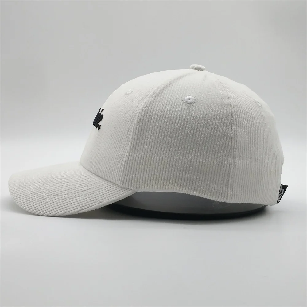 Custom 3D Embroidery Logo Plastic Strapback 6 Panel White Thick Corduroy Dad Baseball Hats Cap