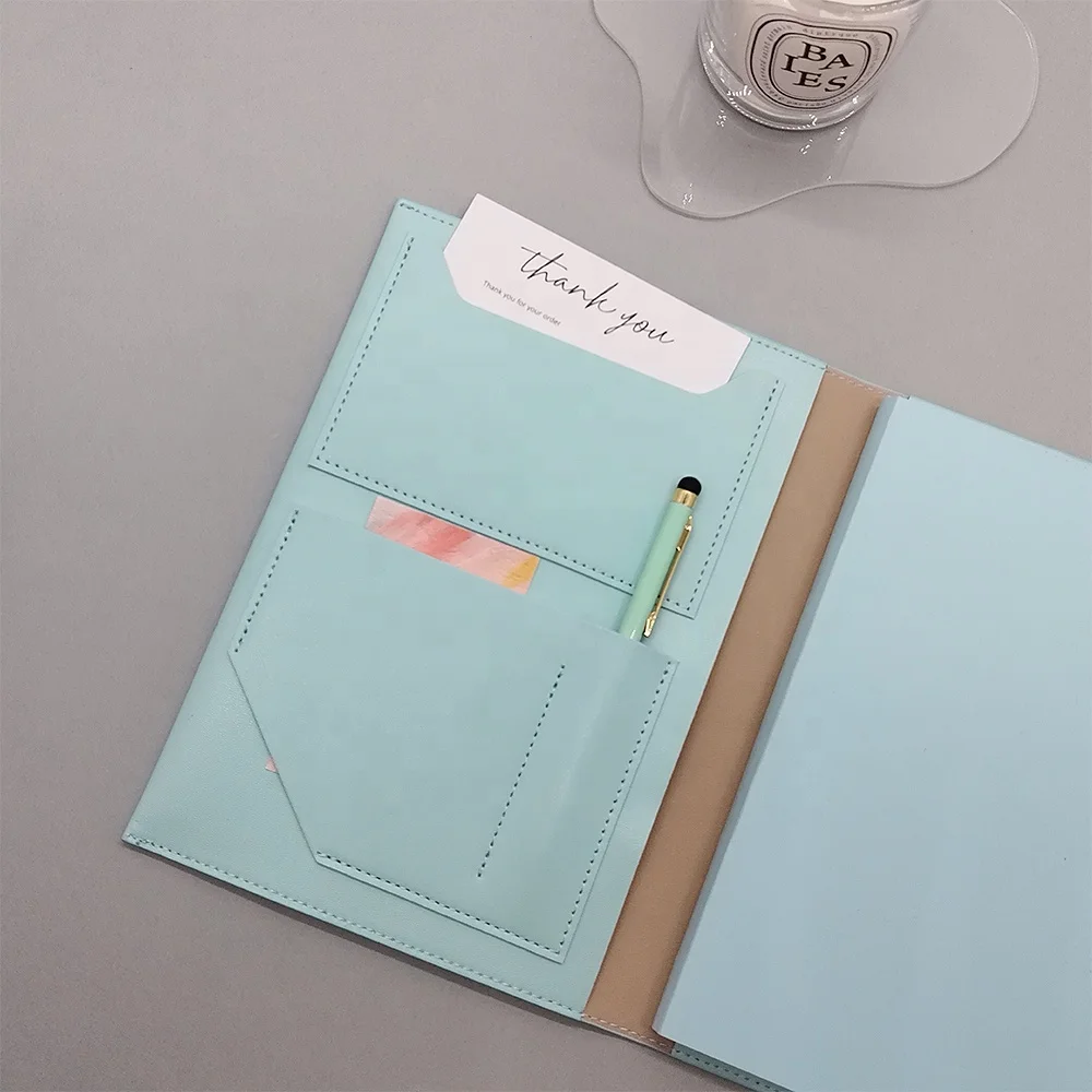 Stylish Custom PU Leather Softcover Tri- Folder Handbag Notebook Portable Button Closure Planner with Inner Insert Pocket