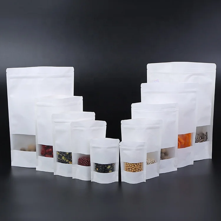 От производителя, на заказ, стоячая белая, коричневая Крафтовая бумага, упаковка для пищевых продуктов, многоразовая упаковка для закусок, пакет с замком на молнии с окошком