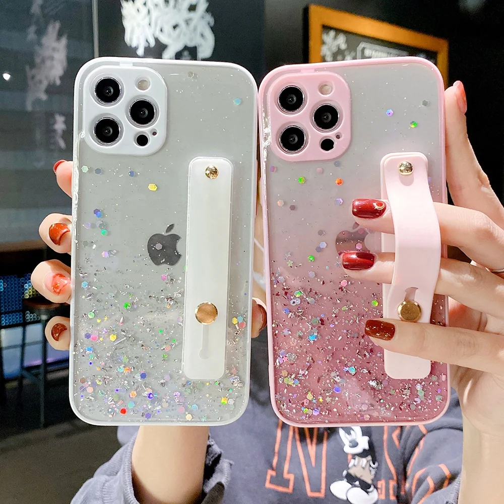Wristband Glitter Phone Case for iPhone 13 Bling Cover with Hand Strap Holder for iPhone 12 11 Pro Max Xr Xs 8 7 Plus SE2