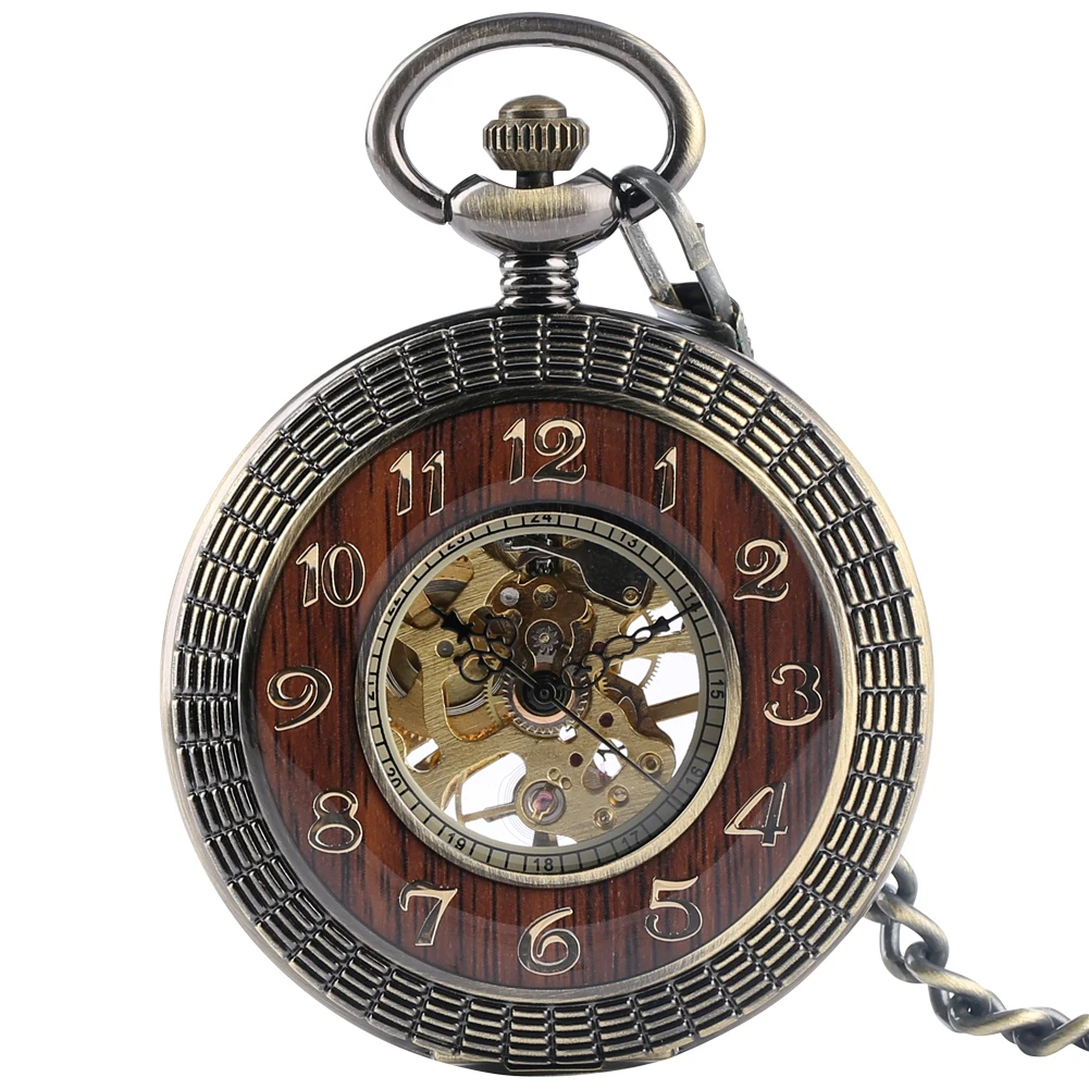 Arabic Numerals Display Retro Bronze Steampunk Skeleton Clock Hand Wind Mechanical Pocket Watch For Men