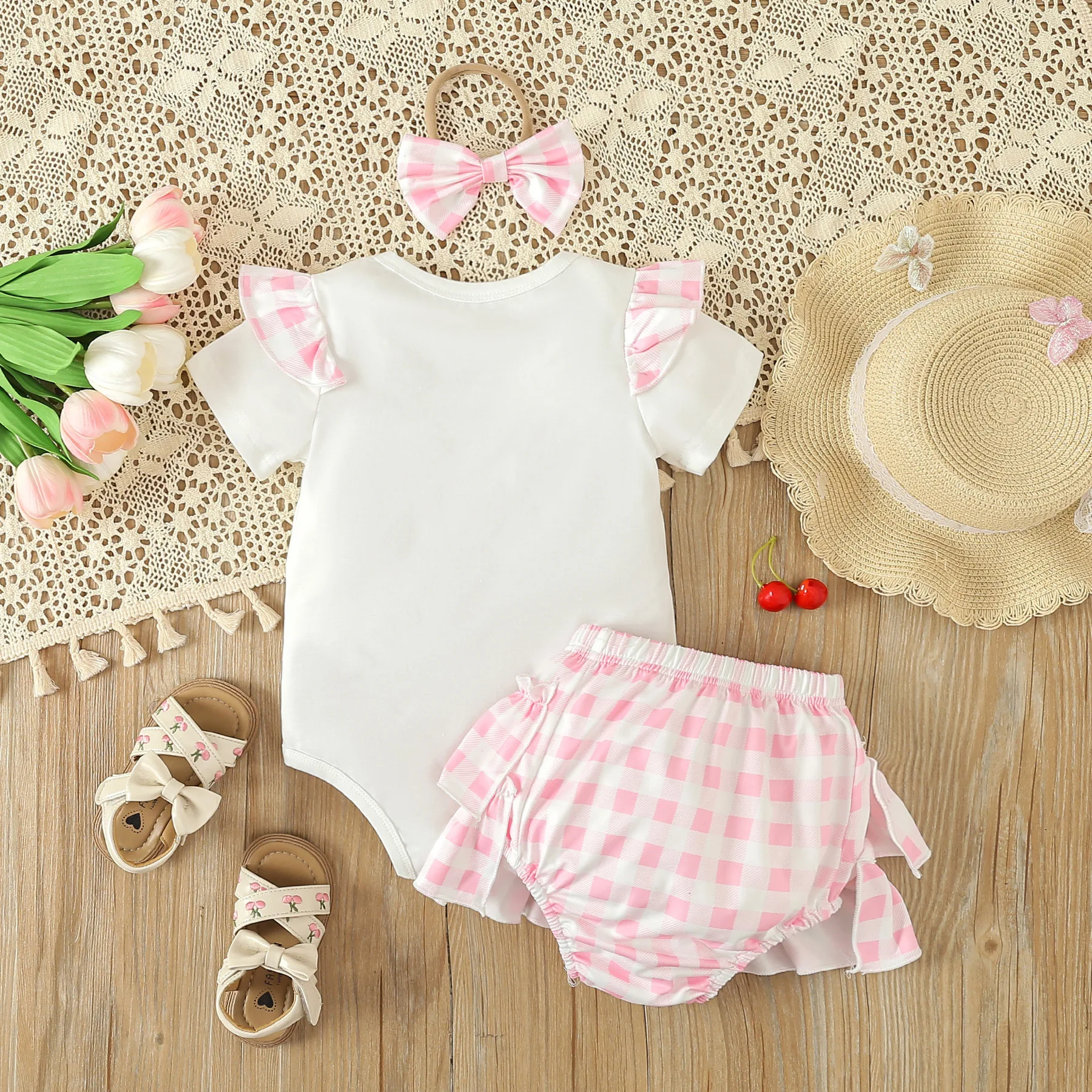 Latest Baby Set Fashion Casual Baby Girls Short sleeved Embroidered Letter Romper Pink Plaid Ruffle Shorts+Headband Set