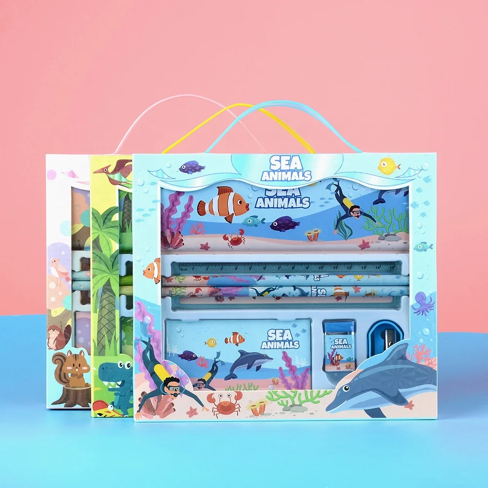 Ready to Ship Gift Stationery Pencil Eraser Set Cartoon Notepad Window Paper Box Stationery Sets For School Students
