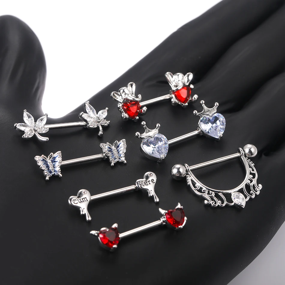 Wholesale New Sexy Medical Steel Body Nipple Piercing Stainless Steel Zircon Crystal 14G Y2K Nipple Ring Jewelry