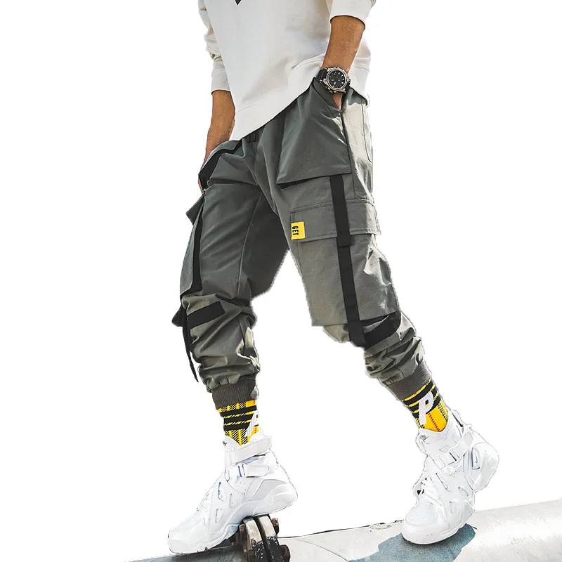 2022 autumn new fashion design loose fit mens cargo pants with fabric strips tape custom printing logo pants
