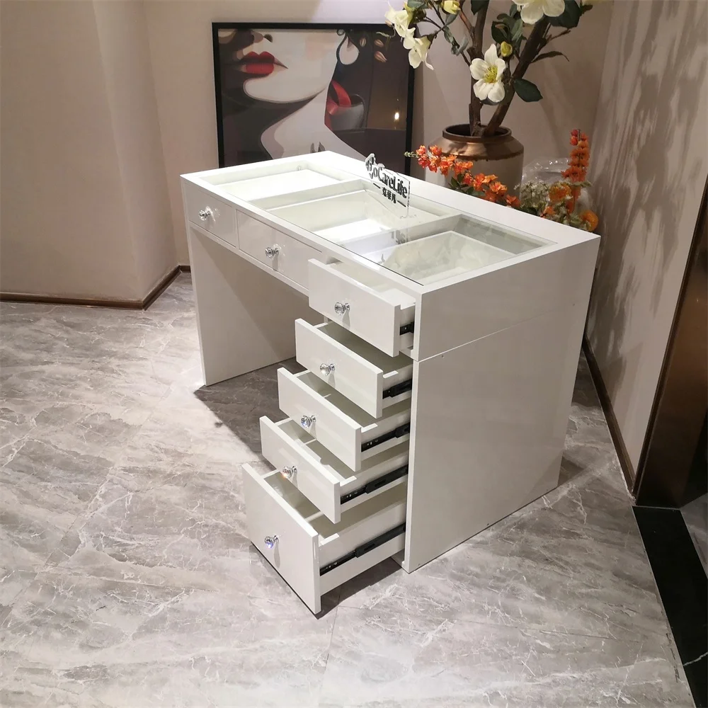 stock in U.S luxury wooden bedroom sets high glossy painting 7 drawers dressing table 2022 wooden luxury makeup vanity table set