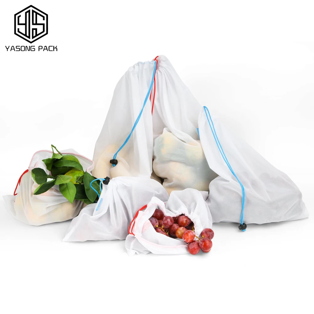 Factory Custom OEM Reusable Nylon Polyester Net Mesh Produce Bag With Drawstring for Food and fruit vegetable