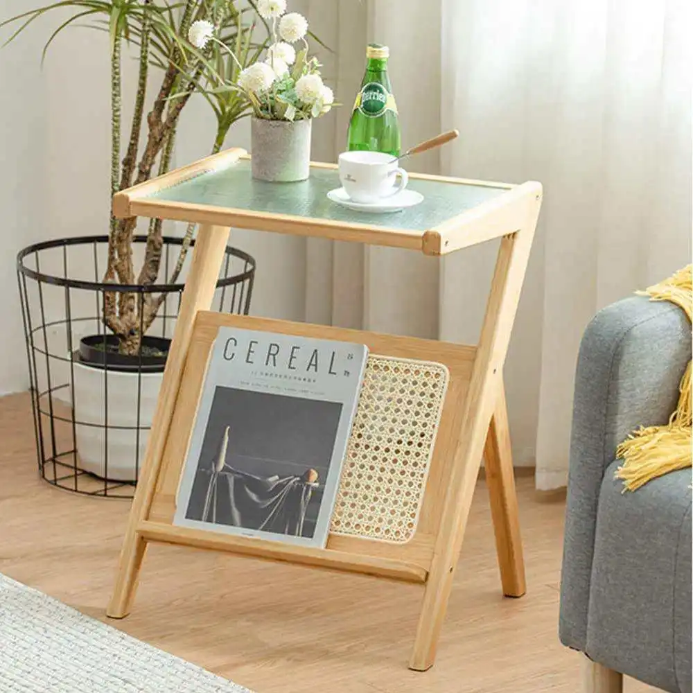 Multifunction Glass Rattan End Side Table for Living Room Bamboo Nightstand Wood Coffee Bedside Table with Magazine Holder