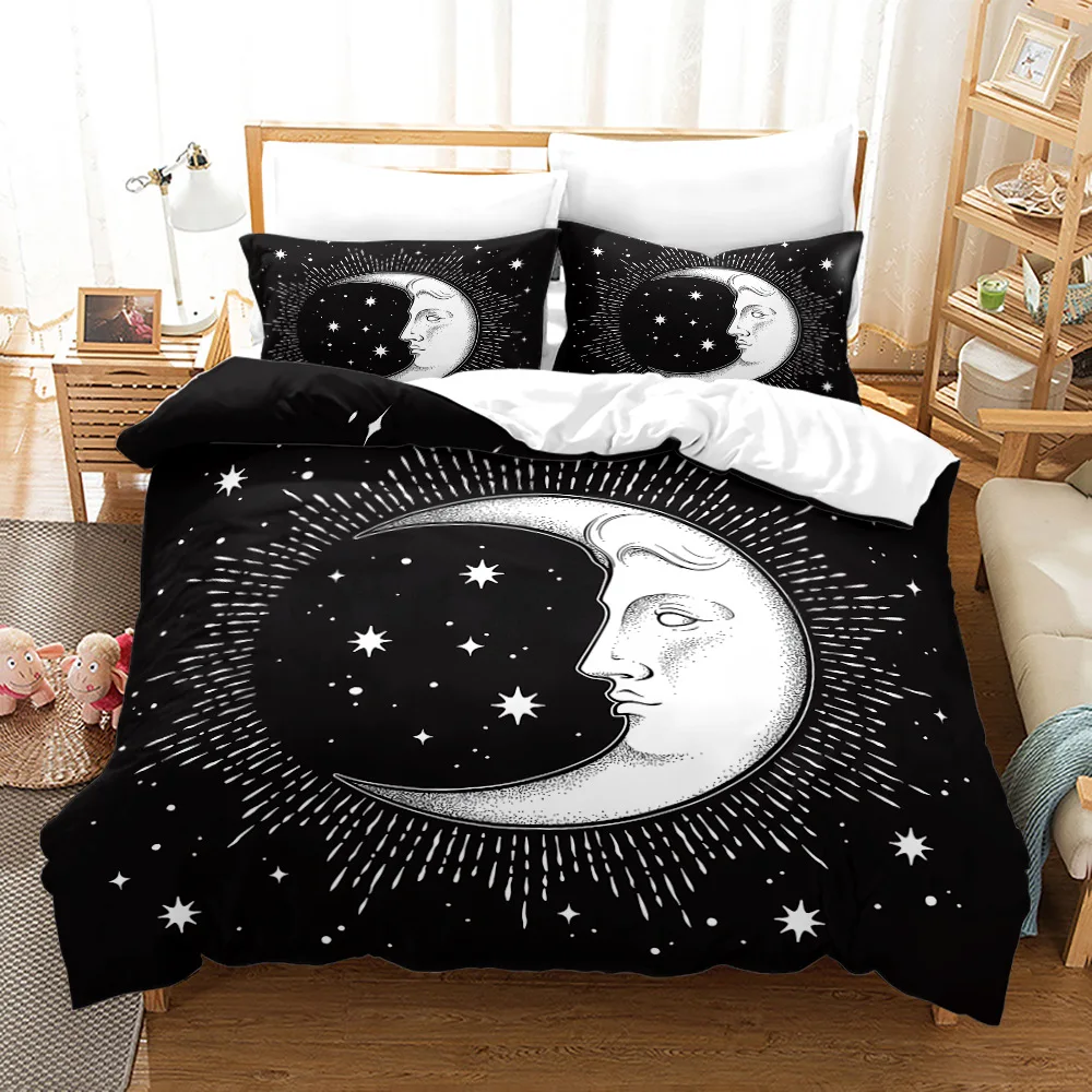 Sun Moon Comforter Cover Set Stars Space Psychedelic Duvet Cover Black and White Bedding Set 3pcs for Kids Boys Teens Microfiber