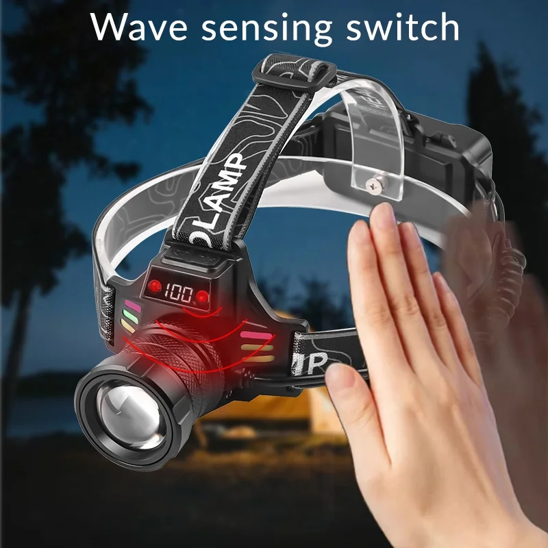 1000m 800lumen  Digital display white yellow blue Headlight Waterproof Outdoor Hunting Flashlight Camping Torch  Sensor Headlamp