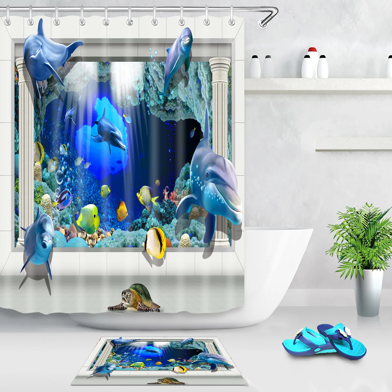 Yutong Ready Made 90gsm Polyester 3D Printing Curtain Waterproof Fabric Bathroom Printed Sea World Dolphin Coral Shower Curtains
