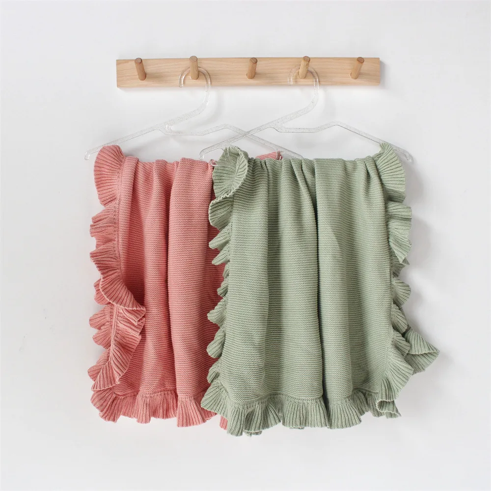 Organic Cotton Cable Knit Receiving Baby Blankets Ruffle Knitted Throw Crochet Safe Cellular Neutral Swaddle Receiving