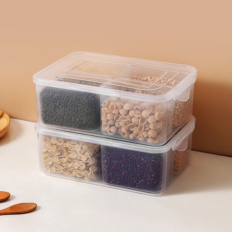 Multifunctional 4 Compartment Dry Food Container Rectangle-shaped Bagasse Storage Box Plastic Seal Fresh-keeping Grain Box