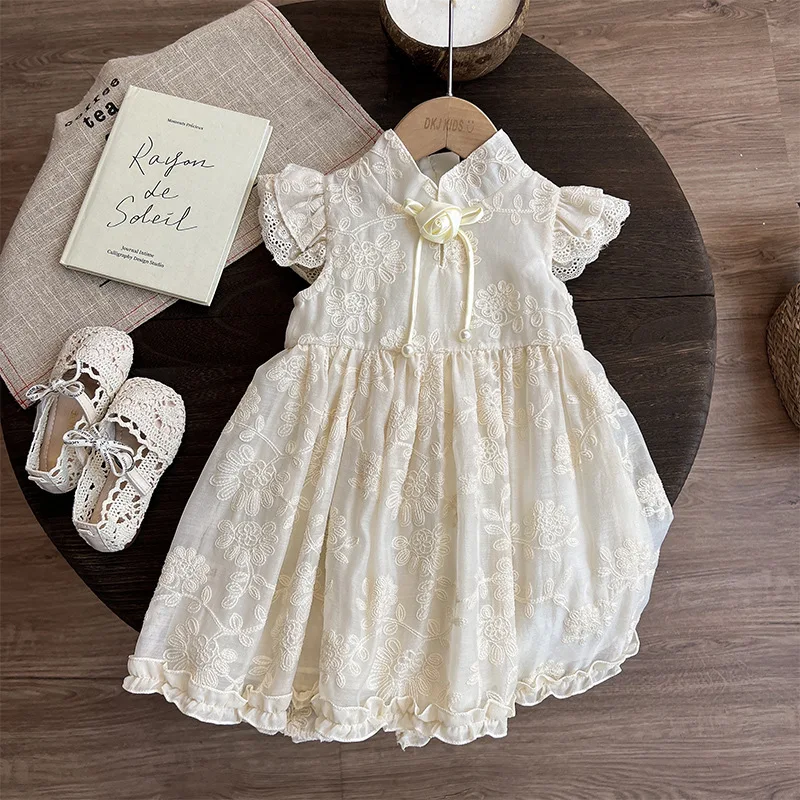 Latest Design Summer Kids Lace Wear Short Sleeve Chinese Style Embroidery Princess Girls Dresses