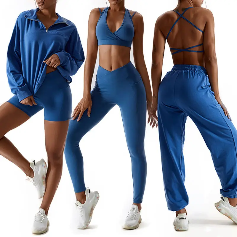 Custom 7PCS Lulu Women Sport Gym Active Wear Sweatshirt Push Up V-Cut Leggings Short T-shirt Yoga Set Sports Bra And Pants Suit