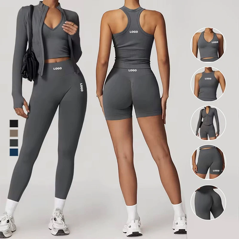 OEM ODM Women Seamless Slim Fit Yoga Set Sports Bra Tank Top Vest High Waist Leggings Biker Shorts Jacket Coat Fitness Gym Set