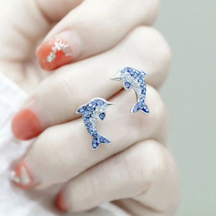 CAOSHI Sweet Lovely Dolphin Stud Earrings Sea Blue Cubic Zirconia Beautiful Minimal Silver Animal Cute Earrings Women